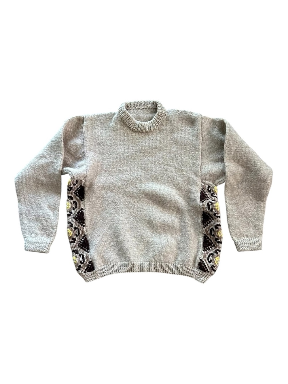 Light Tan Crewneck Sweater with Patterned Side Panels